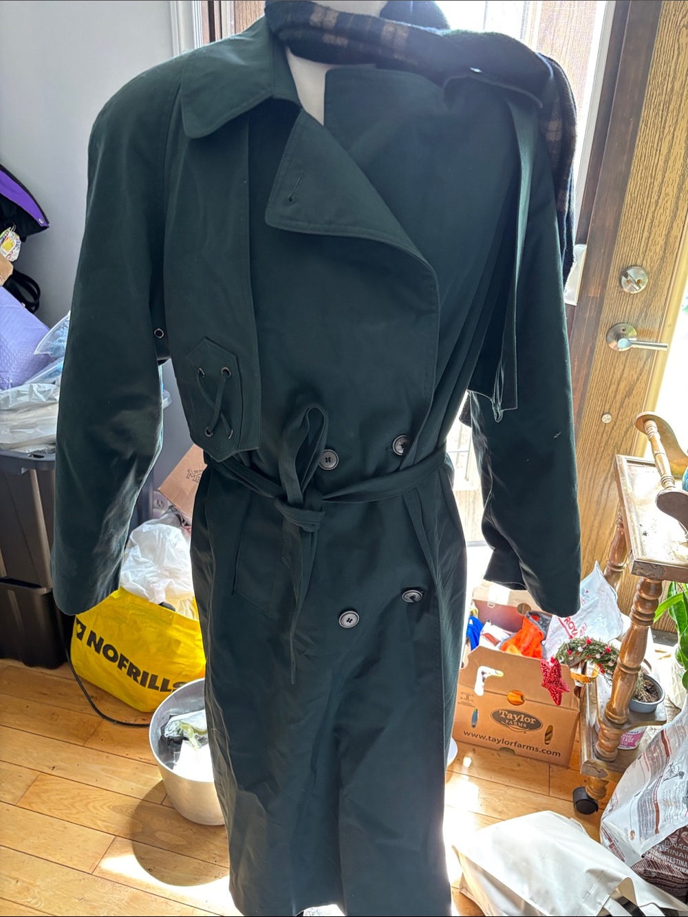 Vintage 1990 Women's Dark Green Double-Breasted Trench Coat with Belt